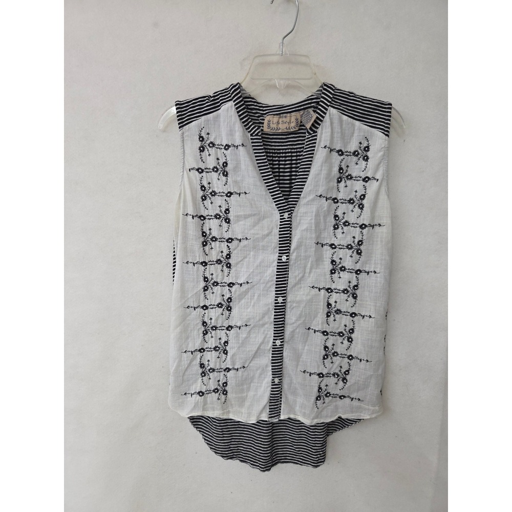 Life Style Womens Small Sleeveless Embroidered Mixed Media Striped Top Black